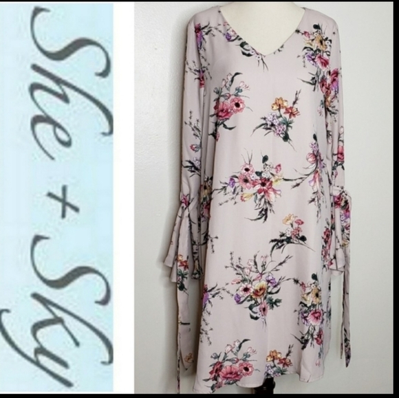 NEW She&Sky Dress Lilac Floral Bell Sleeve Ties Sexy Mini Bohemian Castlecore - Picture 3 of 16